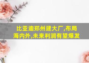 比亚迪郑州建大厂,布局海内外,未来利润有望爆发